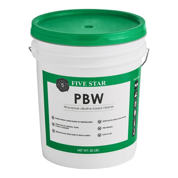 A white Five Star Chemicals bucket with a green lid.