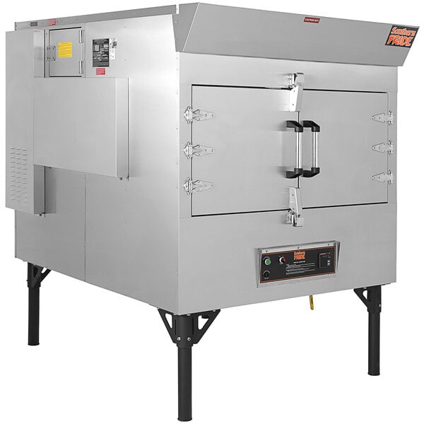 A large stainless steel Southern Pride gas smoker with a door open.