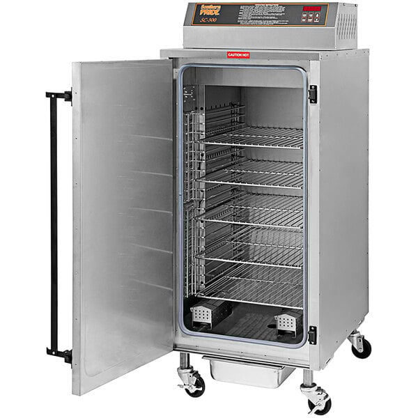 A Southern Pride SC-300 stainless steel electric smoker with a door open.