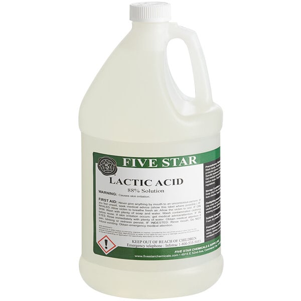 A white Five Star Chemicals bottle of lactic acid solution on a counter.