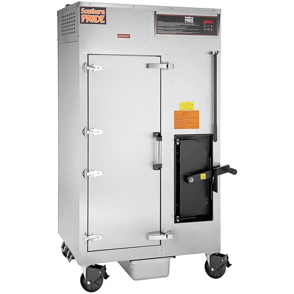 A large stainless steel metal box with a black door and wheels.