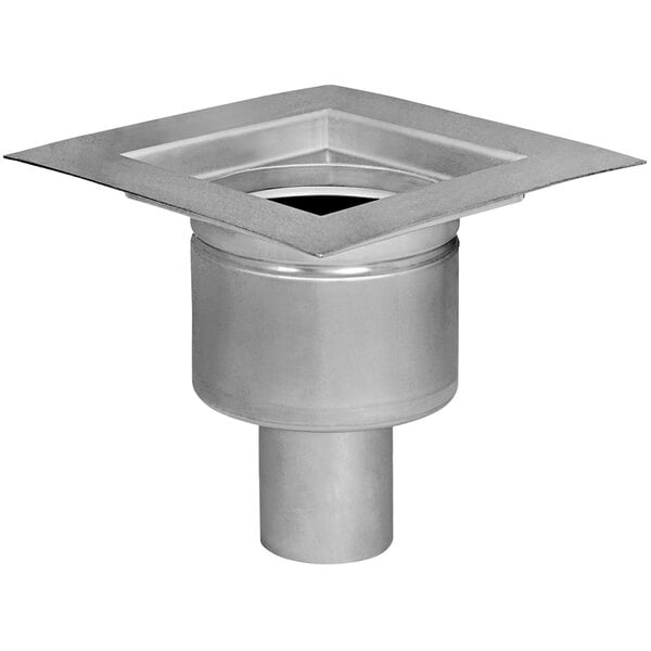 A stainless steel square liner for a floor drain with a round outlet.