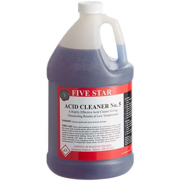 A plastic jug of Five Star Brewery Acid Cleaner with a blue liquid inside.