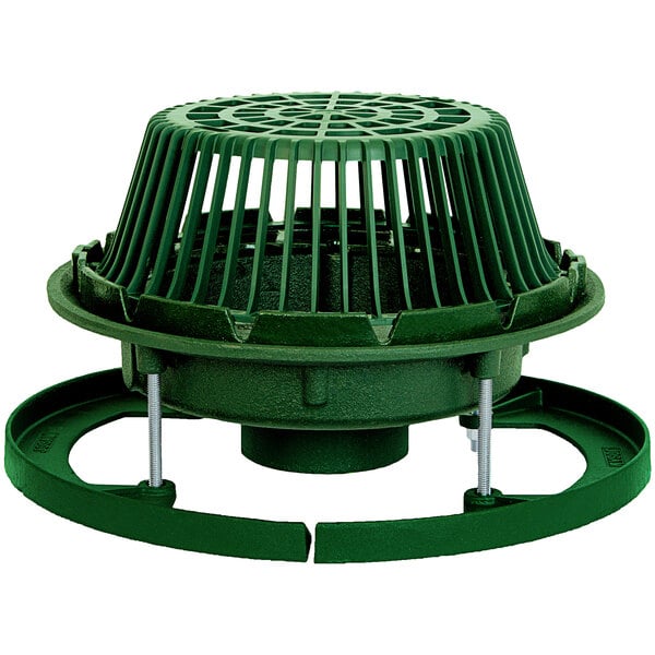 A Josam cast iron roof drain with a green polypropylene dome cover.