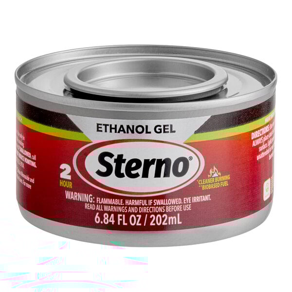 A can of Sterno ethanol gel chafing dish fuel with a 2-hour burn time.