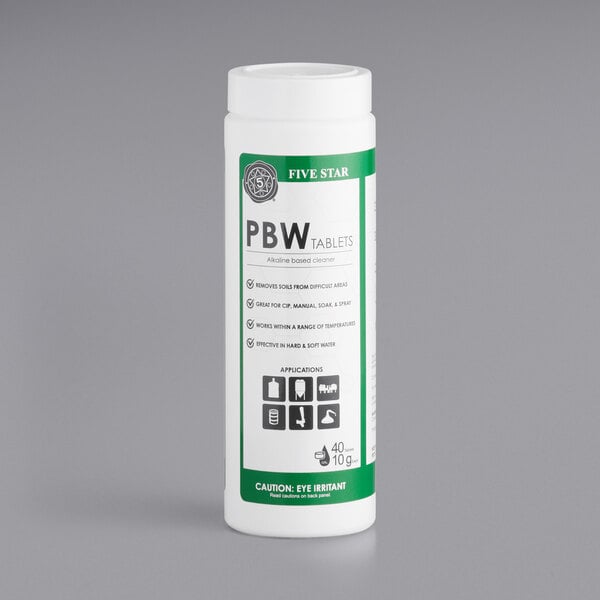 A white bottle of Five Star Chemicals PBW Non-Caustic Brewery Cleaning Tablets with a green label.