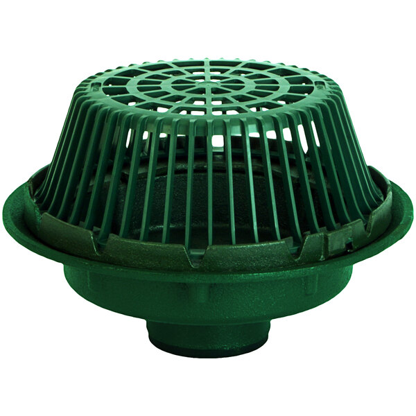 A green polypropylene Josam roof drain cover with a hole in it.