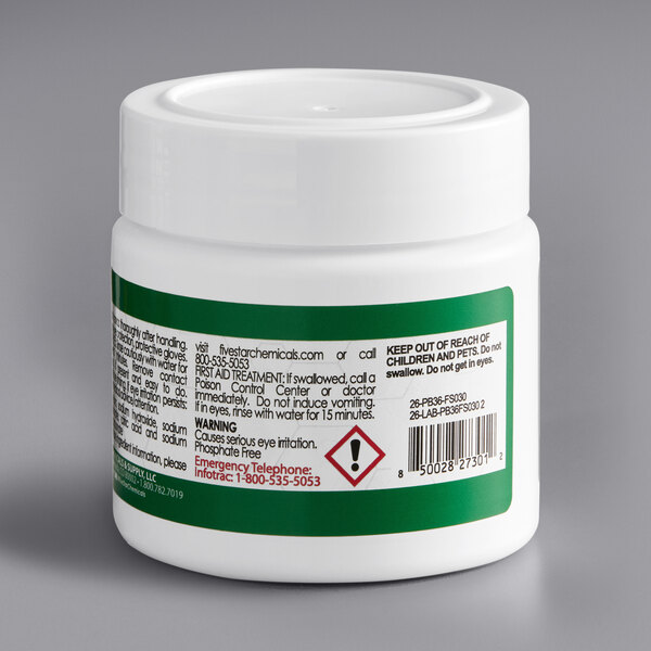 A white container of Five Star Chemicals PBW cleaning tablets with a label.