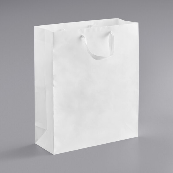 A customizable white paper bag with ribbon handles.