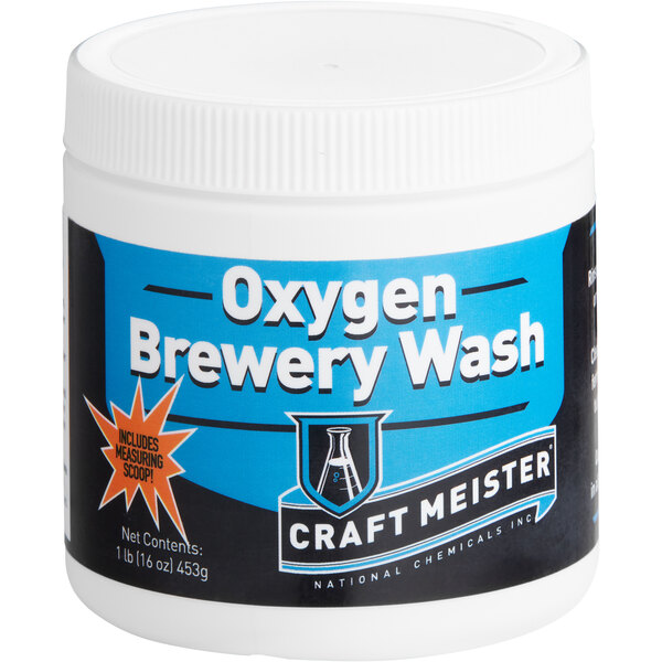 A white container of National Chemicals Inc. Craft Meister Oxygen Brewery Wash with a blue label.