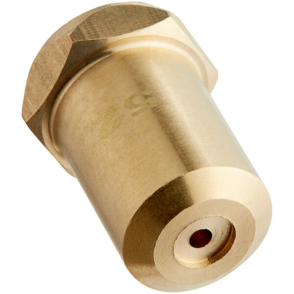 A gold brass Cooking Performance Group #52 liquid propane burner orifice with a red metal cap.