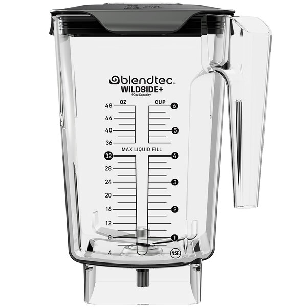 A clear Blendtec WildSide+ plastic jar with black text and a black latching lid.