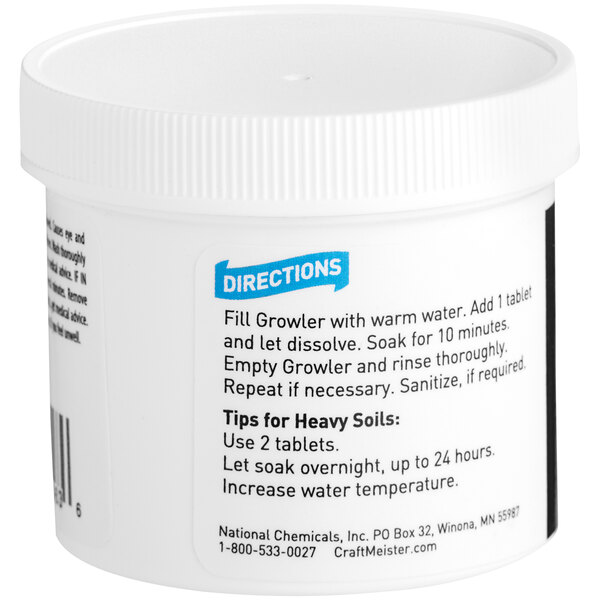 A white National Chemicals Inc. container with black and blue text for Craft Meister Growler Cleaning Tablets.