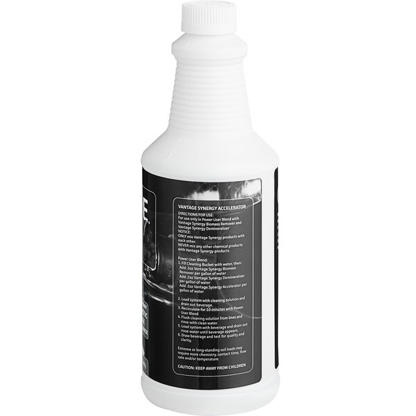 A white bottle of National Chemicals Inc. Vantage Synergy Accelerator Enzyme Based Beverage Line System Cleaner with a black label.