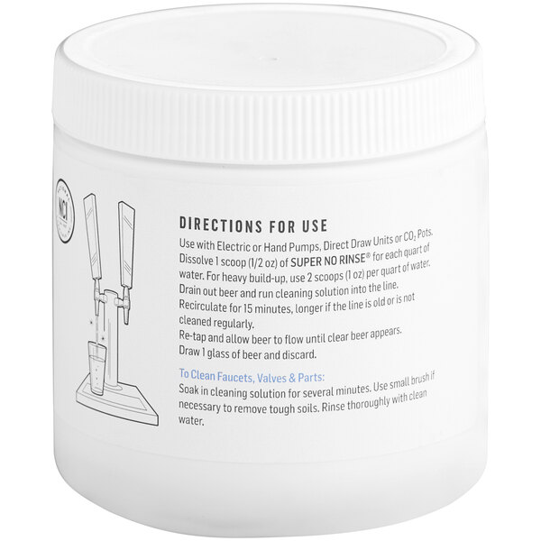 A white container labeled "National Chemicals Inc. Super No-Rinse Beverage Line System Cleaner" with a white lid.