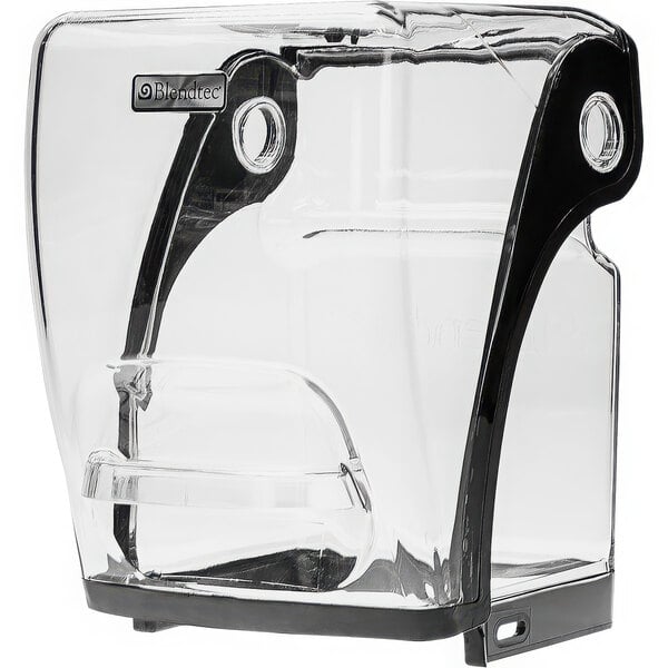 A clear plastic container with black handles.