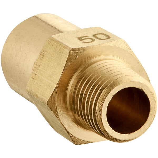 A brass threaded male fitting with a #50 hole.