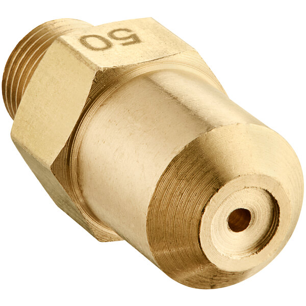 A gold metal Cooking Performance Group #50 burner orifice with a hole.