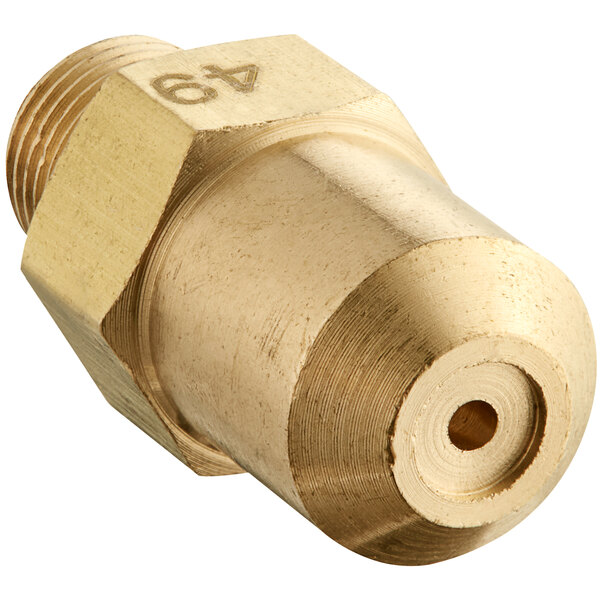 A gold metal Cooking Performance Group high elevation natural gas burner orifice with a threaded brass nozzle and hole.