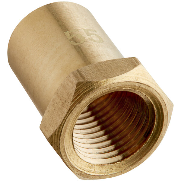 A brass Cooking Performance Group High Elevation Natural Gas Burner Orifice with a threaded nut on the end.