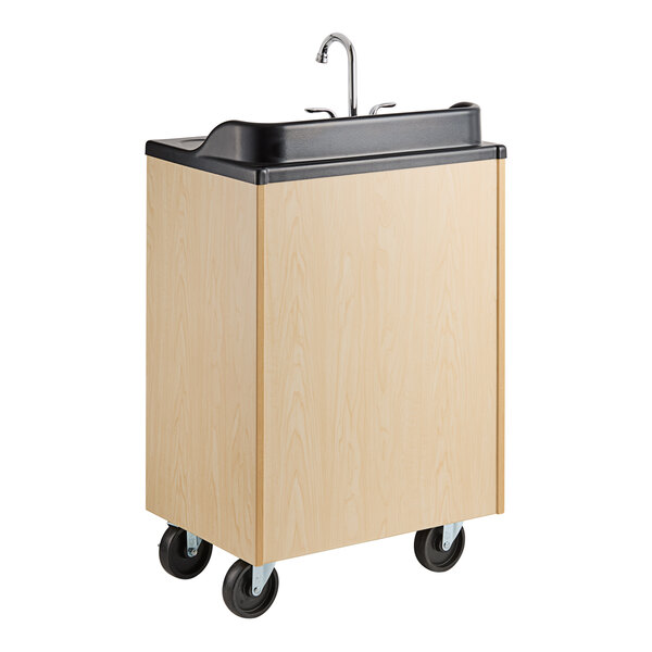 A portable hot water hand sink with a maple laminate cabinet, single basin, and four caster wheels.