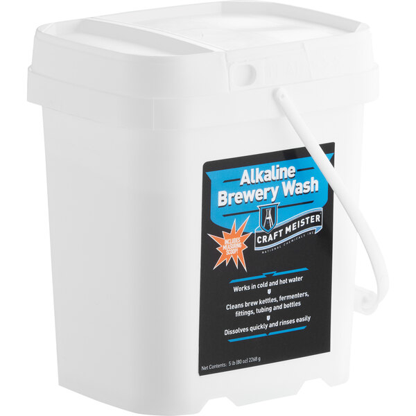 A white bucket of National Chemicals Inc. Craft Meister Alkaline Brewery Wash with a handle.
