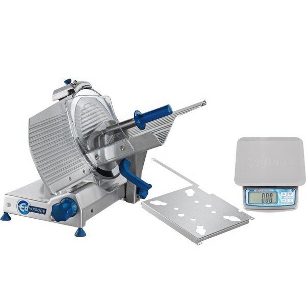 An Edlund compact manual meat slicer with a digital scale on top.