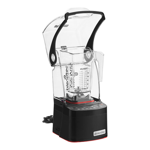A black and clear Blendtec Stealth 885 blender with a clear container on top.