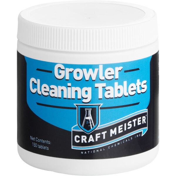 A white container of National Chemicals Inc. Craft Meister Growler Cleaning Tablets with a blue label on a counter.