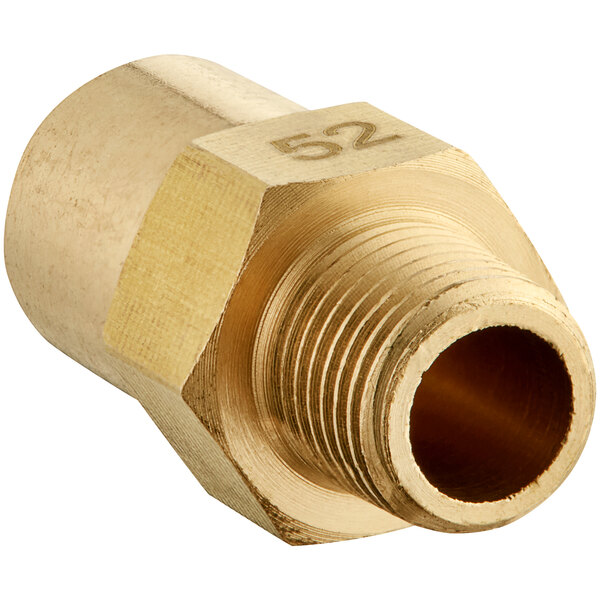 A brass Cooking Performance Group #52 natural gas burner orifice with a nut.