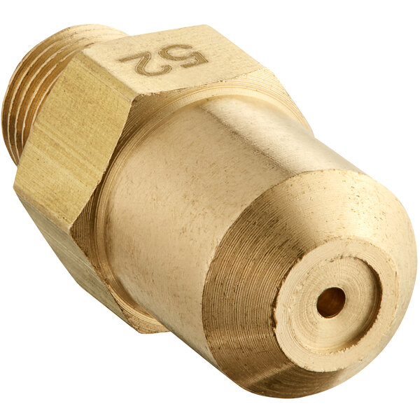 A brass Cooking Performance Group high elevation natural gas burner orifice with a small hole.