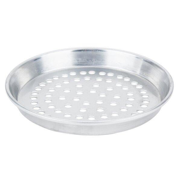 A silver round American Metalcraft pizza pan with holes.