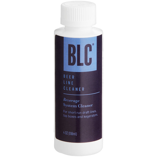 A white National Chemicals Inc. bottle with a blue label reading "BLC Beverage System / Beer Line Cleaner" filled with 4 fl oz. of clear liquid.