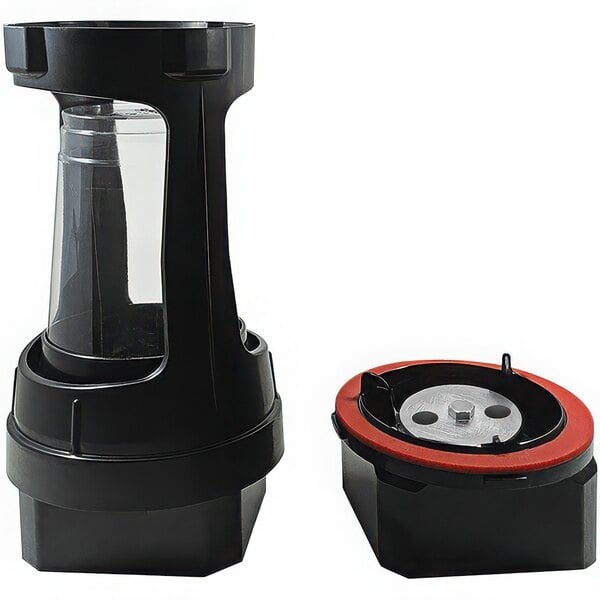 A black and red Blendtec Frothing Micronizer and Stand.