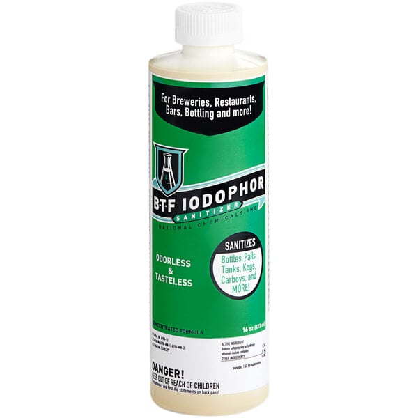 A bottle of National Chemicals Inc. Iodophor Brewery Equipment Sanitizer with a label.