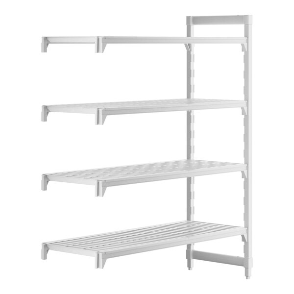 A white rectangular Cambro Camshelving Premium add on unit with four shelves.