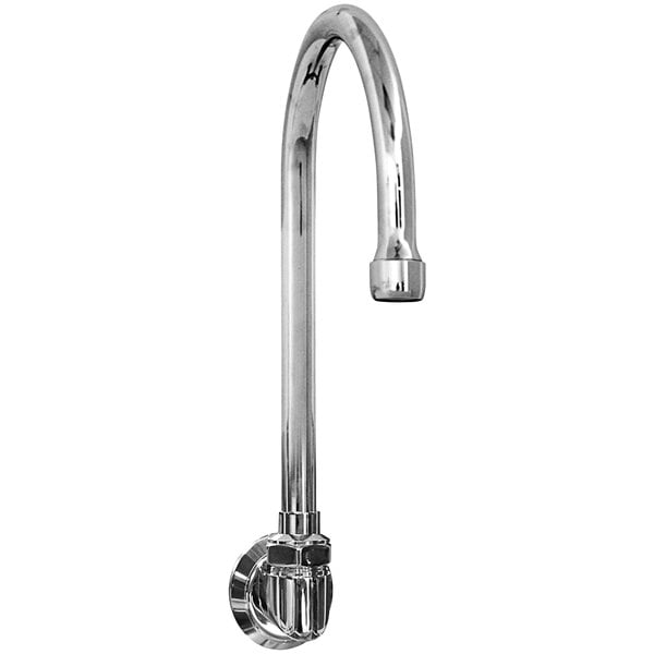 A Sani-Lav chrome-plated wall mount faucet with a long gooseneck spout.