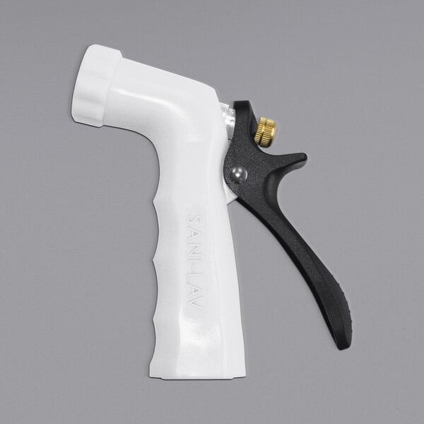 A white Sani-Lav spray nozzle with a black plastic handle.