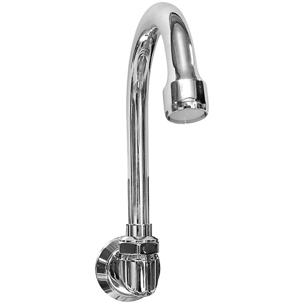 A Sani-Lav chrome-plated brass wall mount faucet with swivel gooseneck spout.