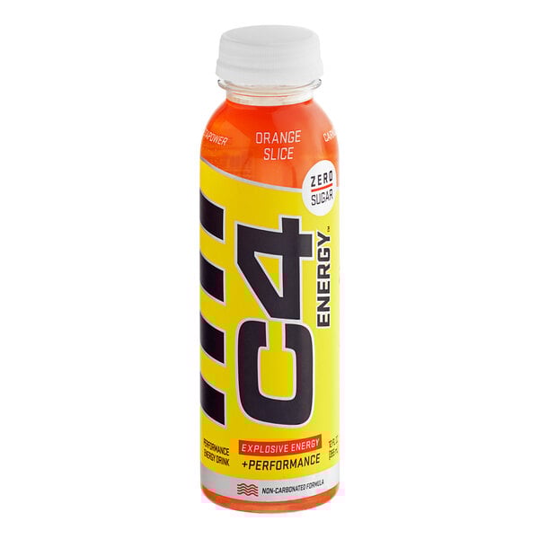 A case of C4 Energy Orange Slice energy drink bottles.