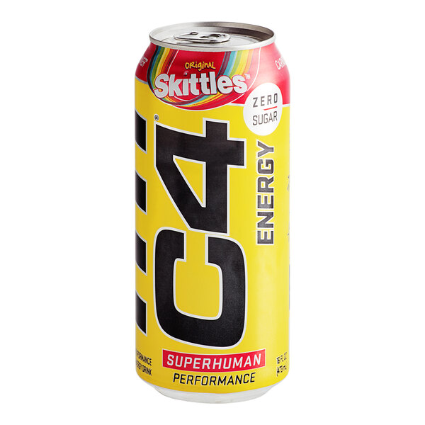 A yellow and black C4 Energy Skittles energy drink can.