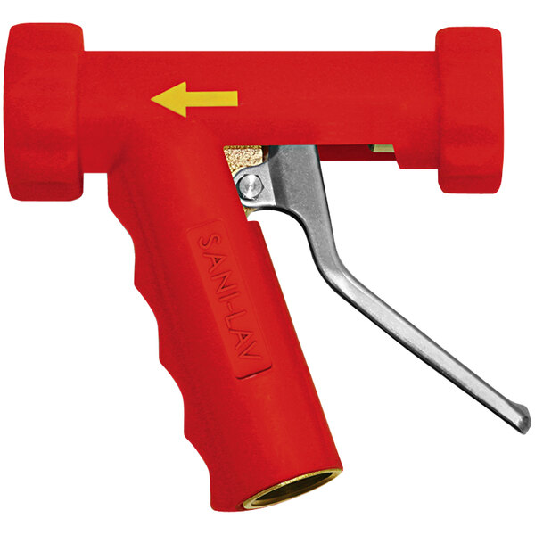 A close-up of a Sani-Lav red insulated spray nozzle with a stainless steel handle.