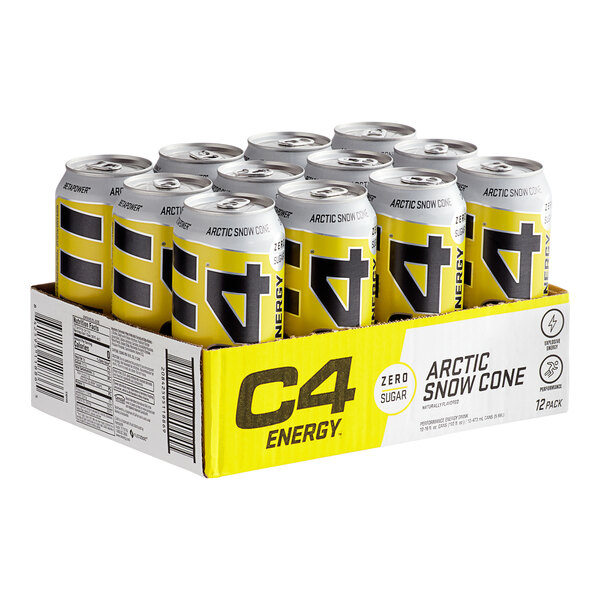 A close up of a 12 pack of C4 Energy Arctic Snow Cone cans.