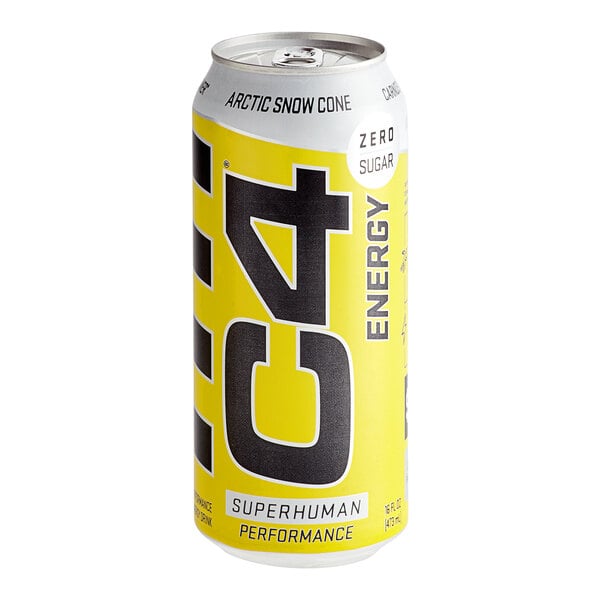 A yellow and white can of C4 Energy Arctic Snow Cone energy drink.