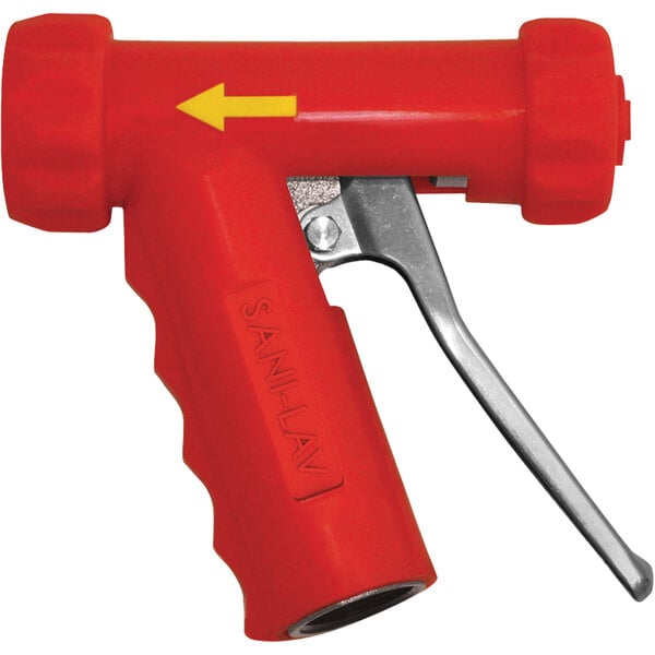 A close-up of a red and silver Sani-Lav spray nozzle with a stainless steel handle.