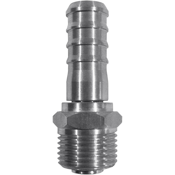 A close-up of a Sani-Lav stainless steel swivel hose adapter.