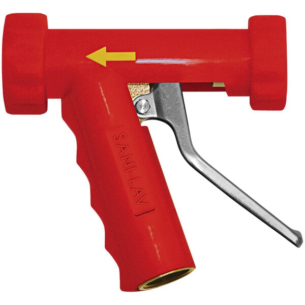 A close-up of a Sani-Lav red industrial spray nozzle with a stainless steel handle.