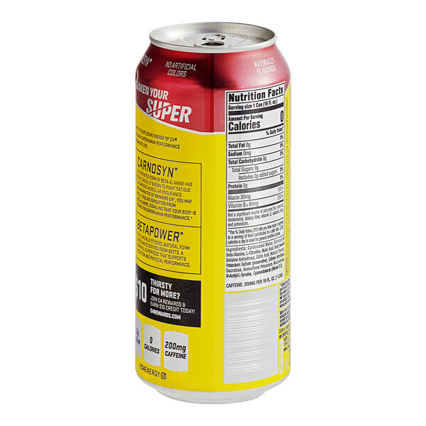 A close up of a yellow and red C4 Energy Midnight Cherry energy drink can.