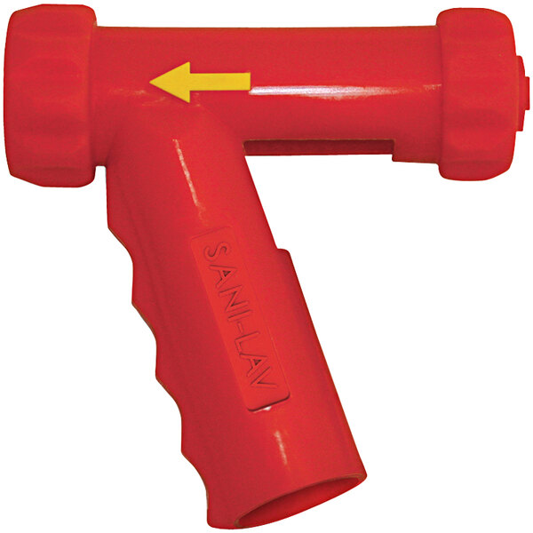 A red plastic tube with a yellow arrow pointing to the right.