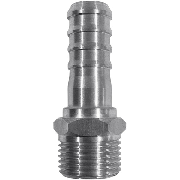 A close-up of a Sani-Lav stainless steel hose adapter with threaded connections.